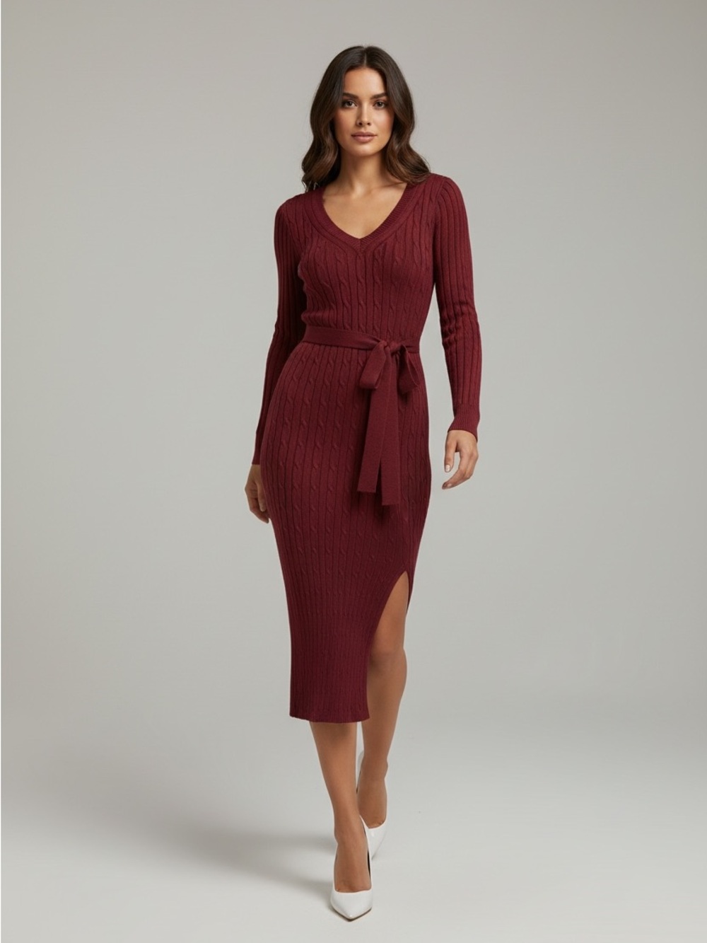 Merokeety Burgundy Cable Knit V-Neck Belted Midi Sweater Dress Size Large